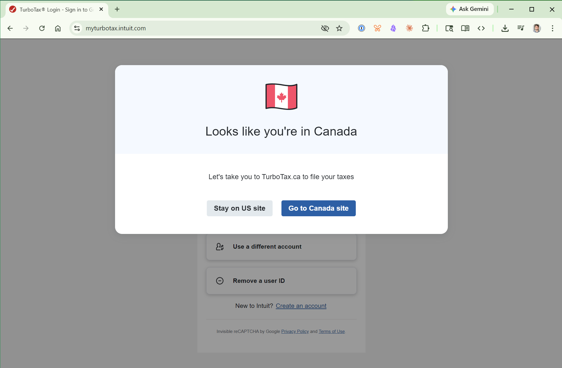 TurboTax showing the Canadian page prompt
